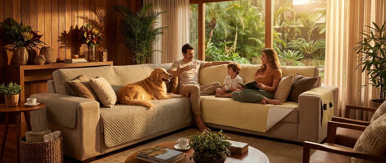 Protetor De Sofá Impermeável 3 Lugares King Liso Dupla Face Tecido Microfibra Kaqui/Palha