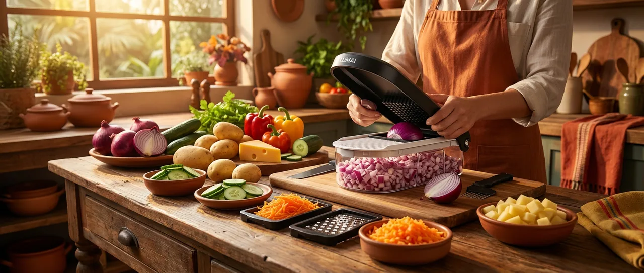 LUMAI Cortador Processado Ralador De Legumes, Queijos, Vegetais, Frutas e Alimentos Manual Multifuncional 6 Em 1 Com Recipiente, Fatiador, Picador, Triturador, Acessórios Para Cozinha