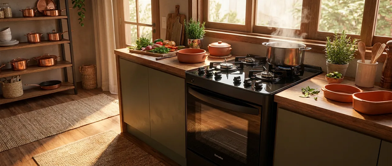 Fogão Esmaltec 4 Bocas Ideal Master Glass Mesa de Vidro Forno 50 Litros Preto T4VFP Bivolt
